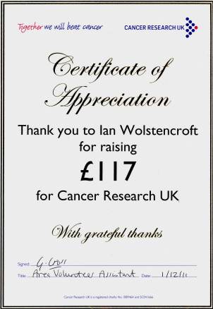 Certificate for fundraising DVDs for Cancer Research UK